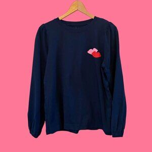 Women's Loft Navy Blue Long Sleeve Puffed Sleeves Kiss/Lips Graphic-Size L